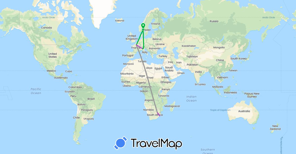 TravelMap itinerary: driving, bus, plane, train in Austria, Switzerland, France, Italy, Netherlands, Norway, South Africa (Africa, Europe)
